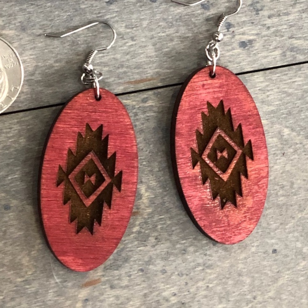 Long Oval Wood Stained & Laser Cut Aztec Tribal Patterned Large Hoop Earrings